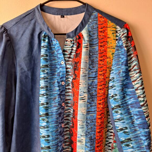 Unknown Blue Multicolored 3/4 Sleeve Button Front Crewneck Blouse - Size S - Picture 5 of 11